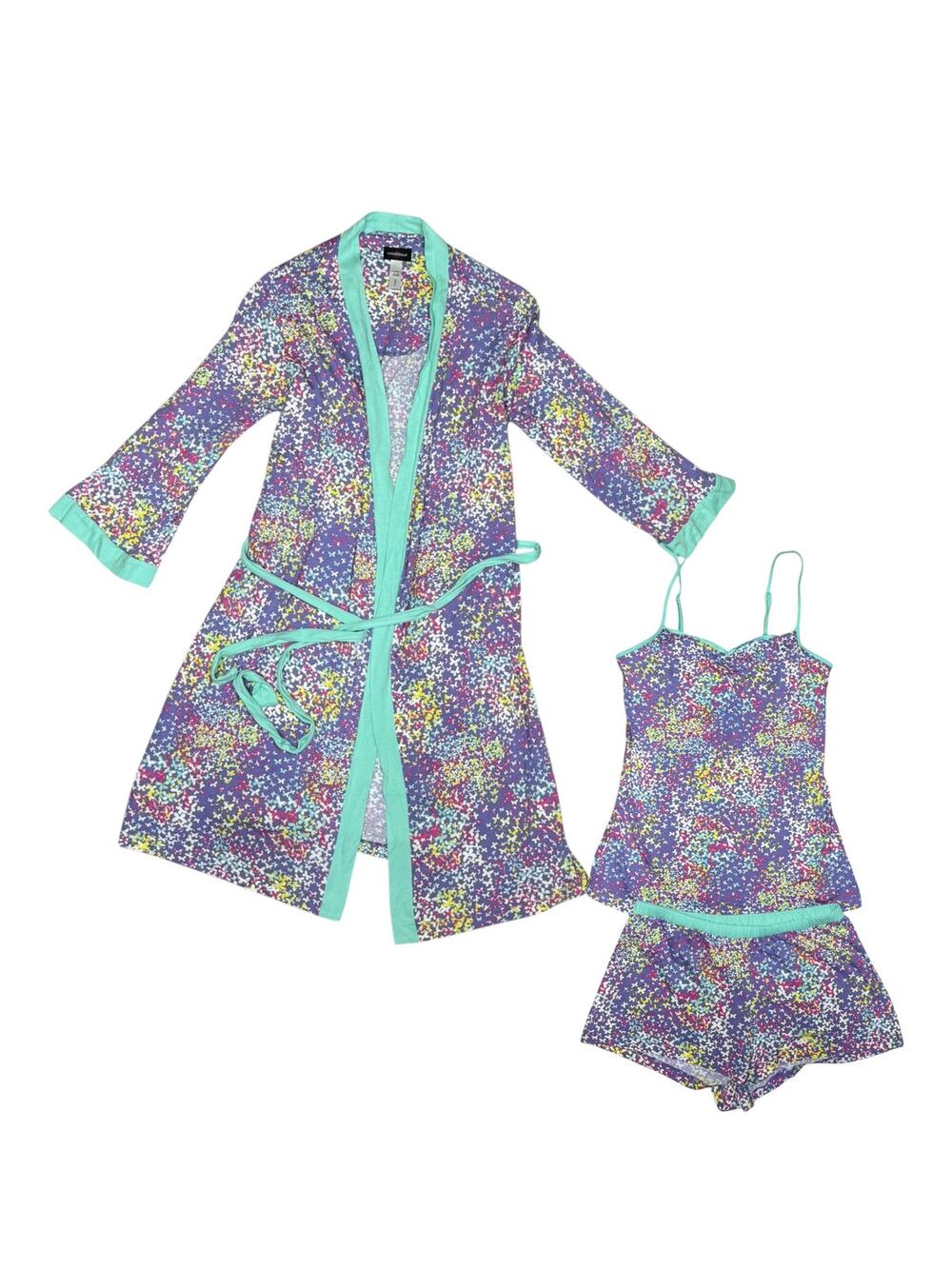 Cosabella y2k Ditsy Floral Purple Green 3 Piece Pajama Robe Set Size Small